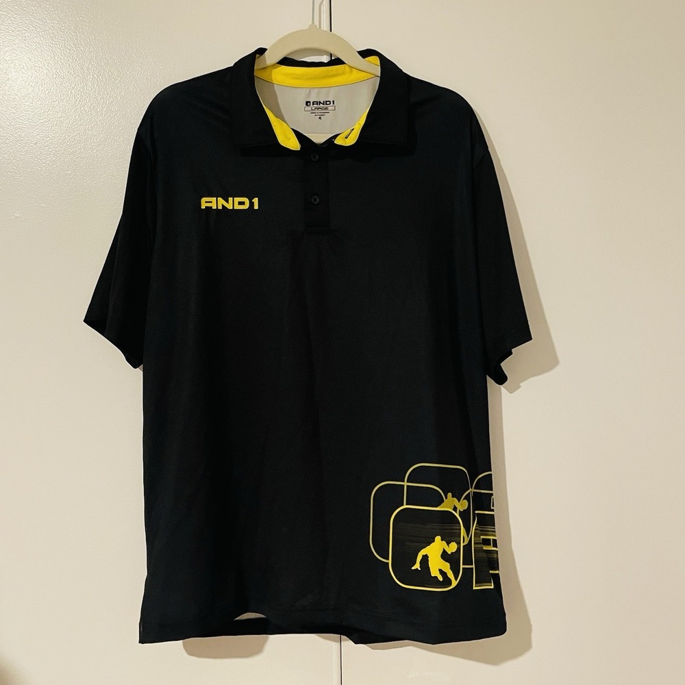 AND1 Wrap Around 1 Basketball Polo Shirt Large Yellow and Black Logo